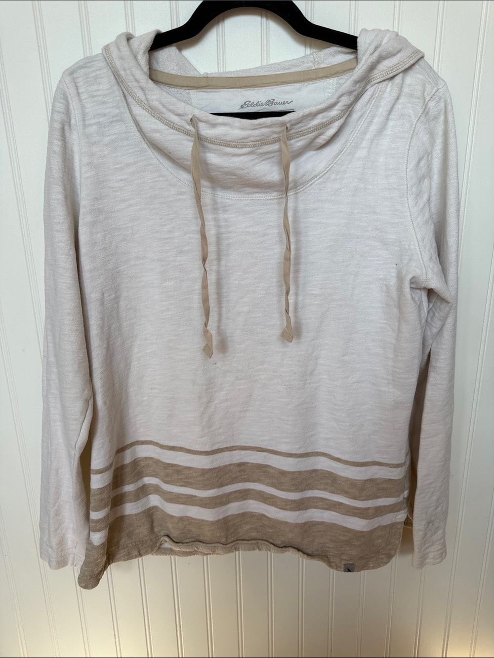 Eddie Bauer Cream Hoodie with Tan Stripe Hem and Drawcord large